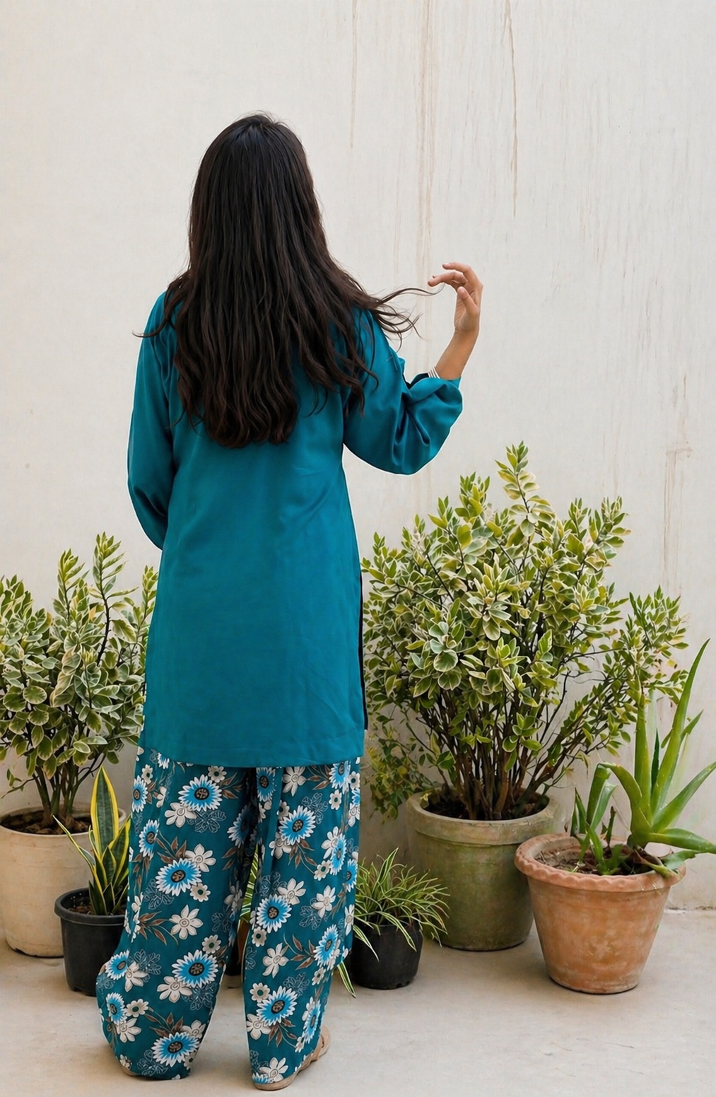 Teal Blue Plain Kurta with Floral Printed Farsi Salwar Set