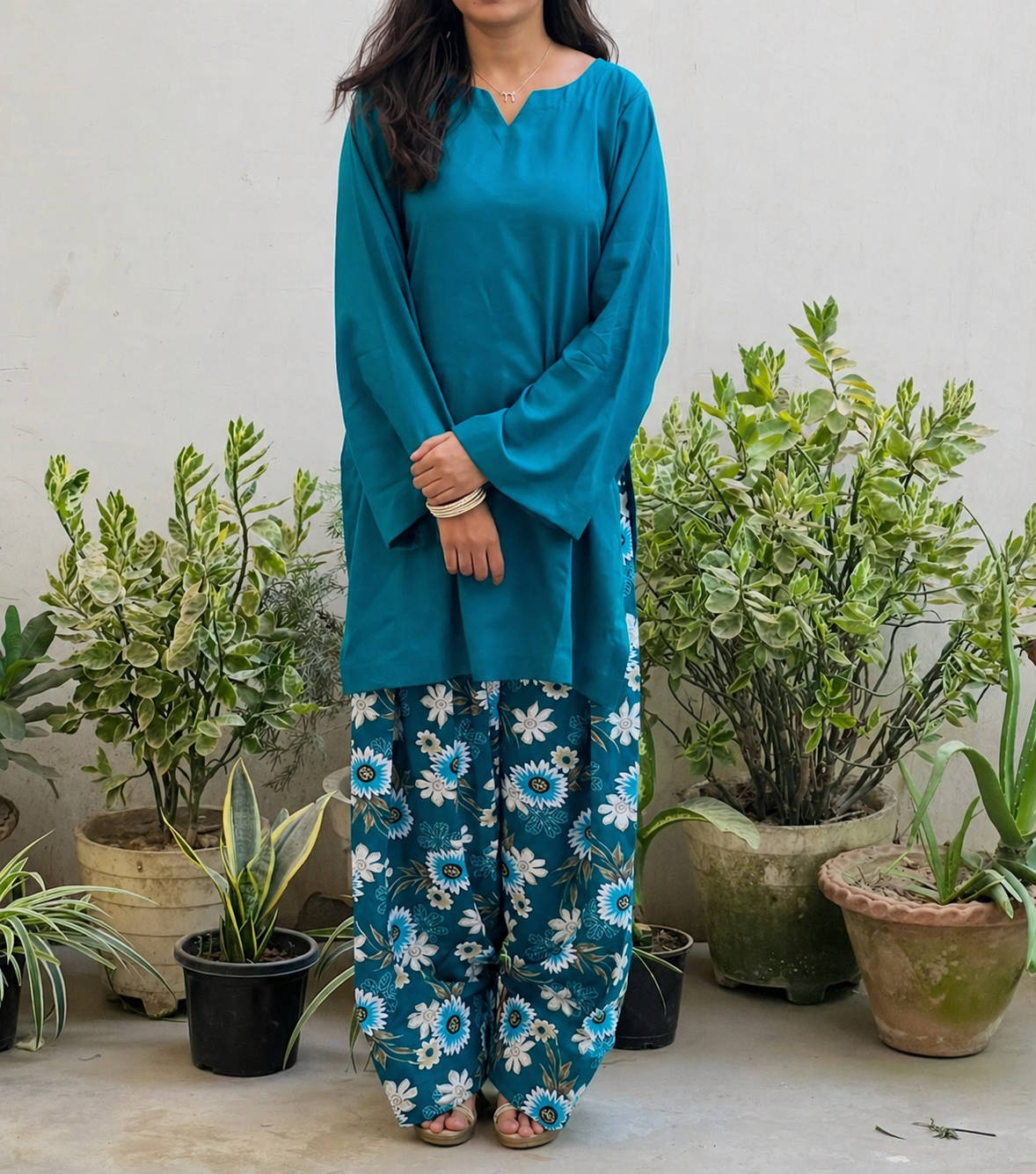 Teal Blue Plain Kurta with Floral Printed Farsi Salwar Set